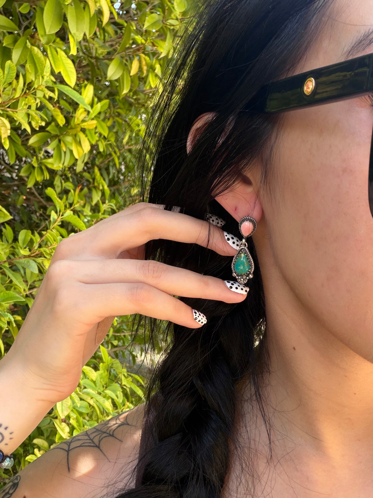 Pink conch + turquoise earrings