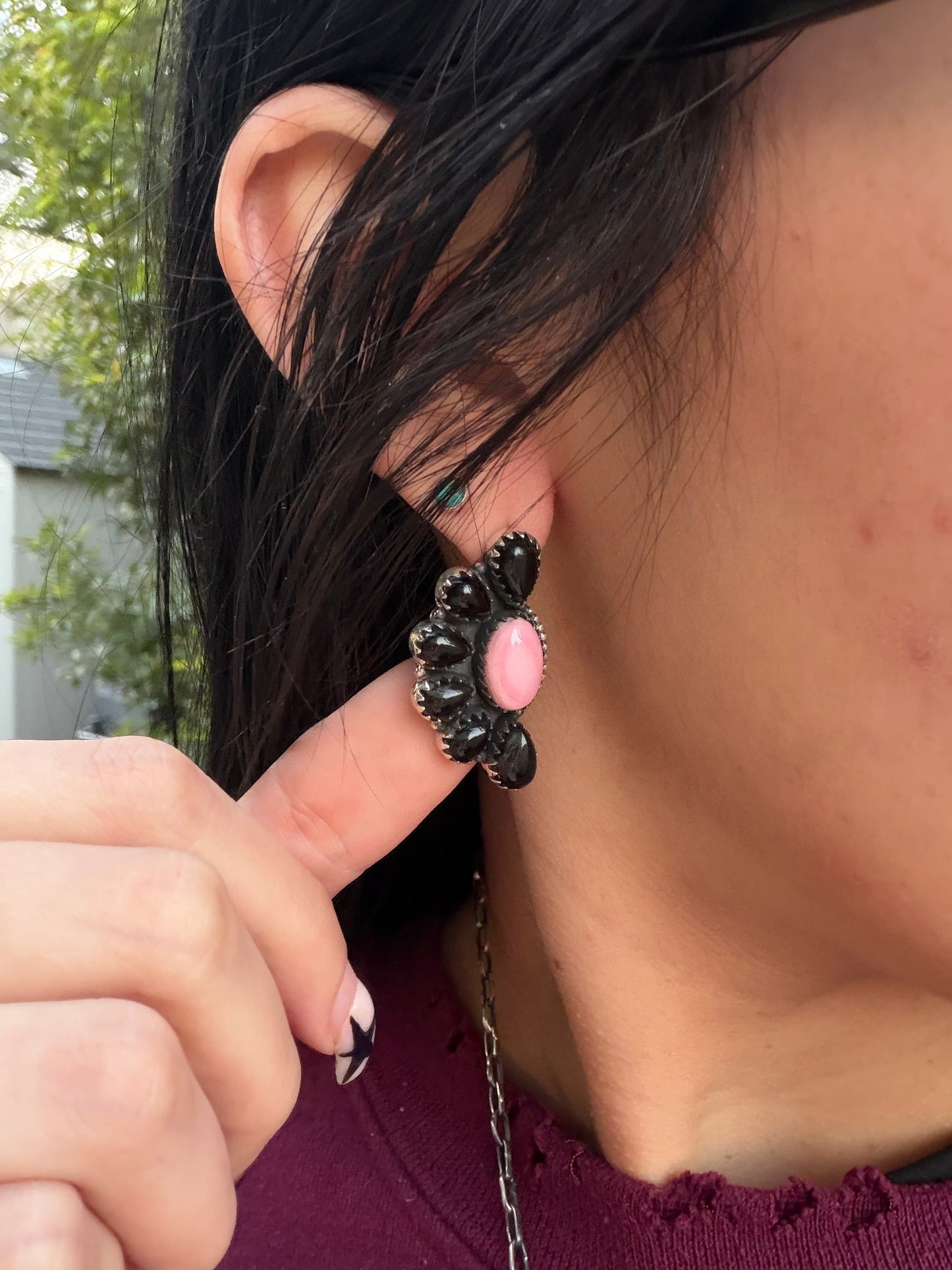 Black onyx & pink conch half cluster earrings