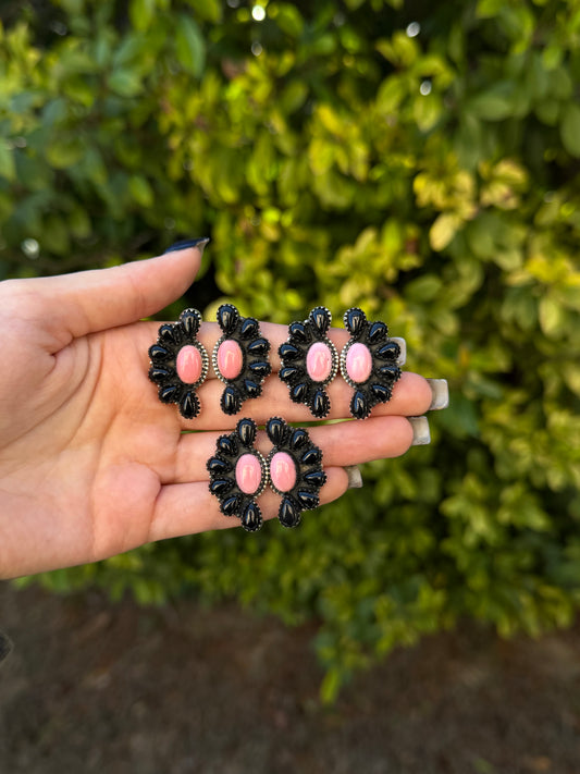 Black onyx & pink conch half cluster earrings
