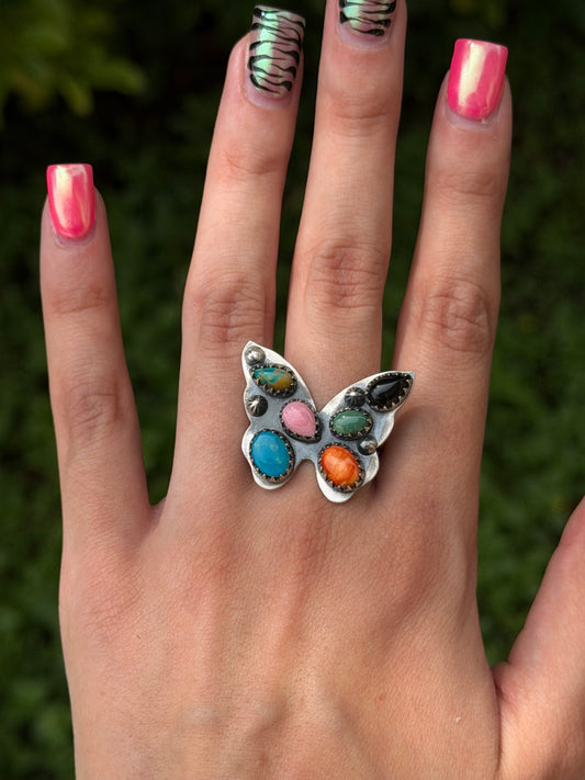 Multi stone butterfly ring sz 8 ADJUSTABLE
