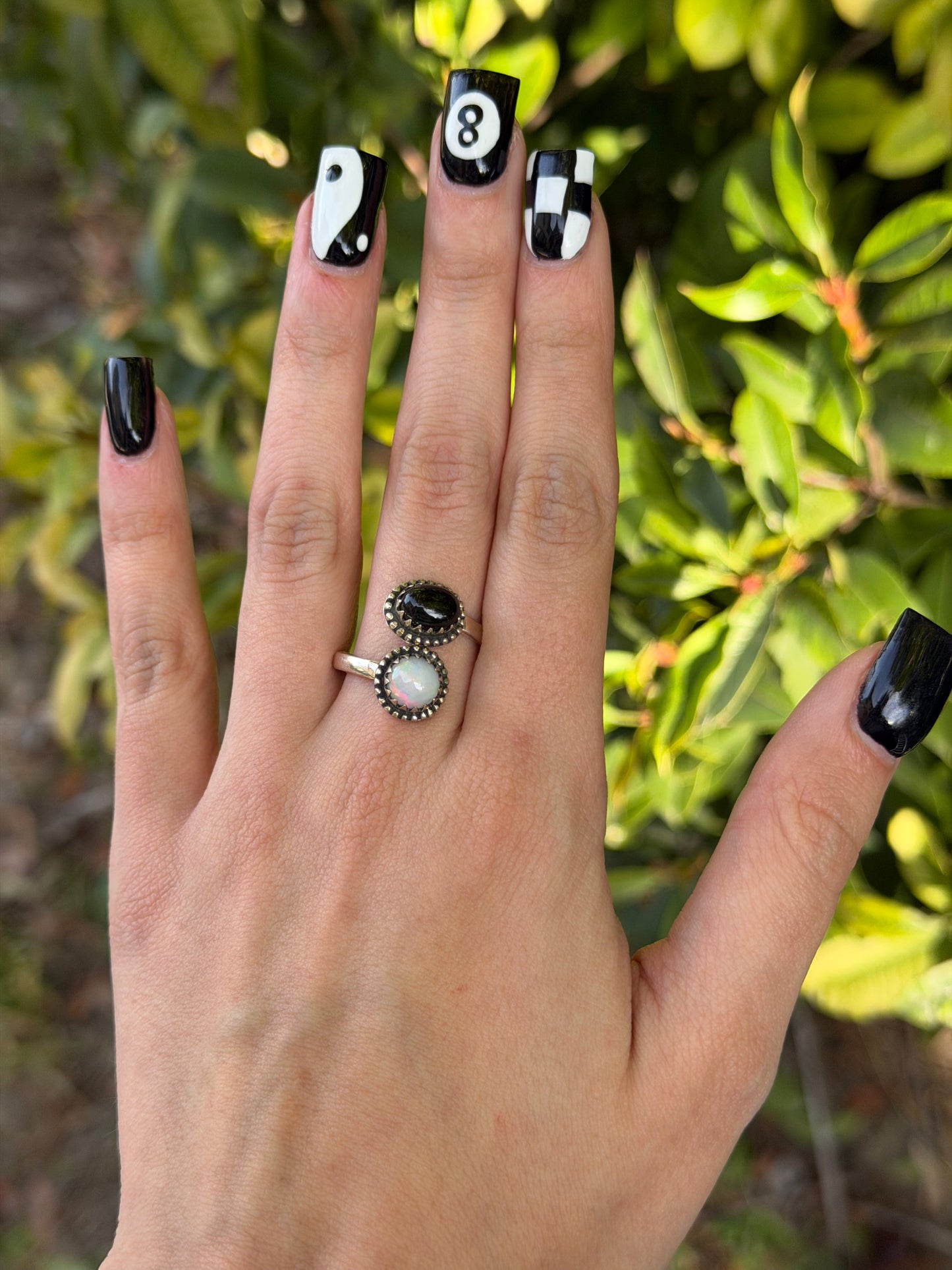 Black onyx and opal adjustable ring