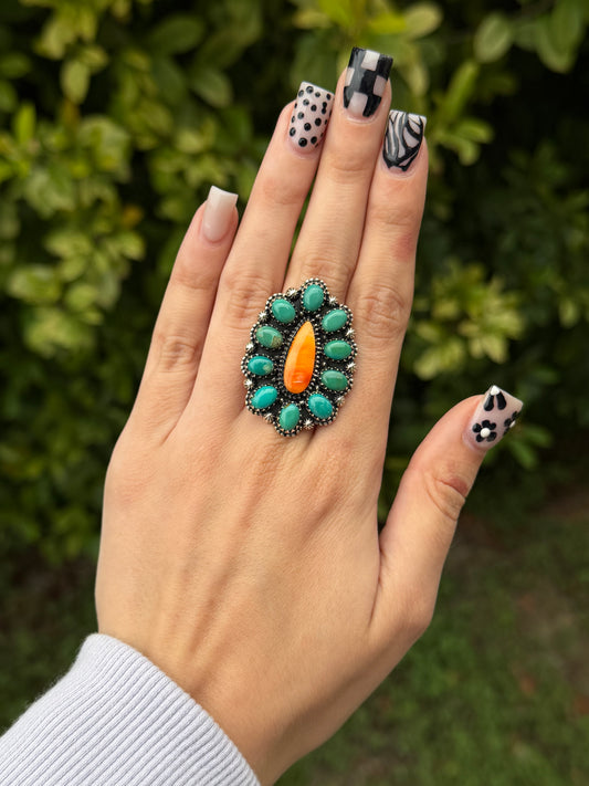 Turquoise and orange spiny cluster ring sz 6