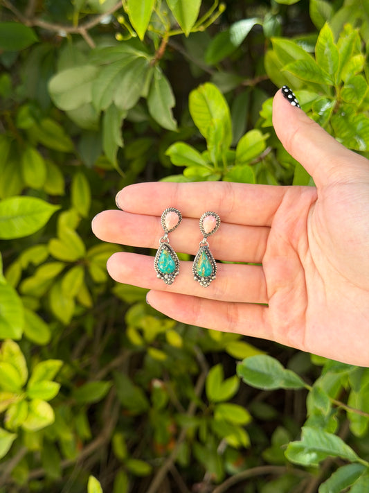 Pink conch + turquoise earrings