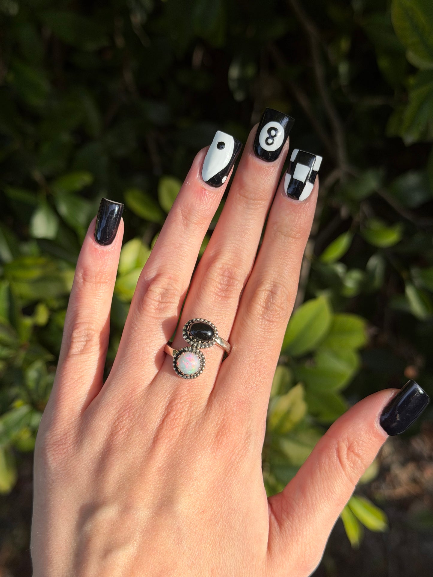 Black onyx and opal adjustable ring