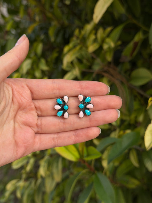 Pink conch and turquoise half cluster earrings